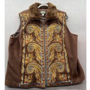 Bob Mackie Vest Womens 1X Wearable Art Brown Embroidered Fleece Faux Fur Collar